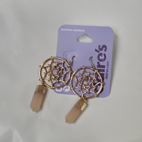 Rose Quartz Crystal Gold Dreamcatcher Earrings NEW - Picture 3 of 6